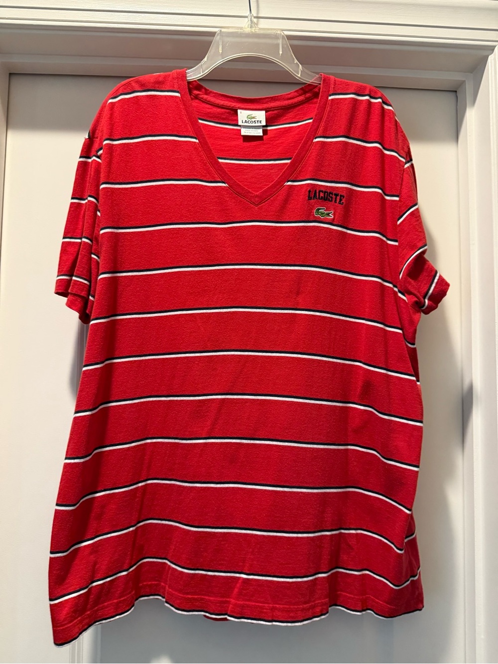 Lacoste Red  with Navy and White stripes with Green Crocodile Logo